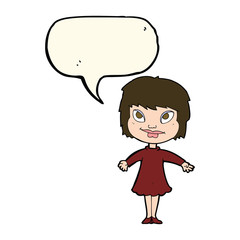 cartoon girl shrugging shoulders with speech bubble