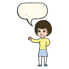 cartoon welcoming woman with speech bubble