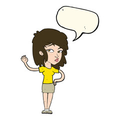 cartoon pretty woman waving with speech bubble