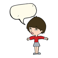 cartoon woman with open arms with speech bubble