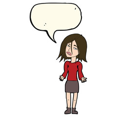 cartoon woman shrugging shoulders with speech bubble
