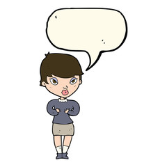 cartoon woman gesturing at self with speech bubble