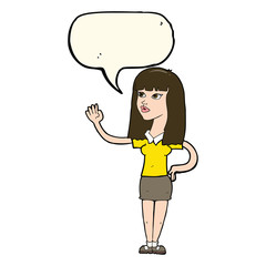 cartoon pretty woman waving with speech bubble