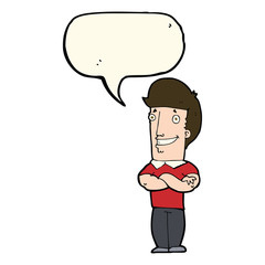 cartoon man with folded arms grinning with speech bubble