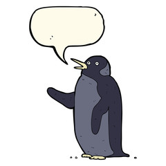cartoon penguin waving with speech bubble