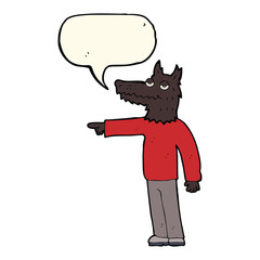 cartoon wolf man pointing with speech bubble