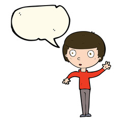 cartoon waving boy with speech bubble