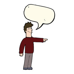 cartoon happy pointing man with speech bubble