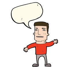 cartoon waving stressed man with speech bubble