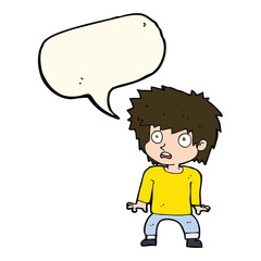 cartoon frightened boy with speech bubble