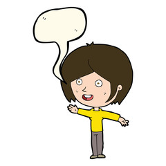 cartoon happy girl waving with speech bubble