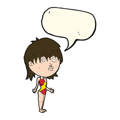 cartoon woman in swimsuit shrugging shoulders with speech bubble