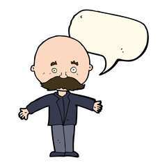 cartoon bald man with open arms with speech bubble