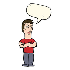 cartoon annoyed man with folded arms with speech bubble