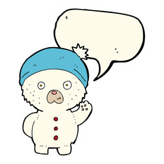 cartoon waving polar teddy bear in winter hat with speech bubble