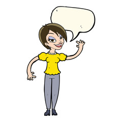 cartoon woman waving with speech bubble