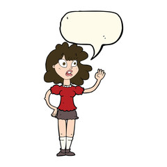 cartoon worried woman waving with speech bubble