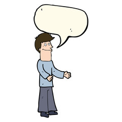 cartoon man shrugging shoulders with speech bubble