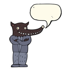 cartoon wolf man with speech bubble