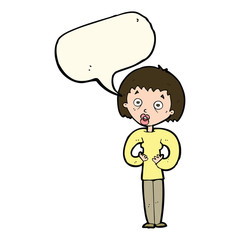 cartoon woman gesturing at self with speech bubble