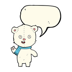 cartoon waving polar bear cub with scarf with speech bubble