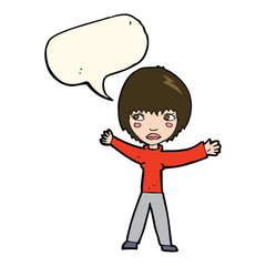 cartoon waving woman with speech bubble