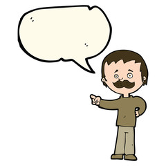cartoon man with mustache pointing with speech bubble