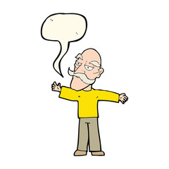 cartoon old man spreading arms wide with speech bubble