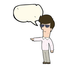 cartoon man in glasses pointing with speech bubble