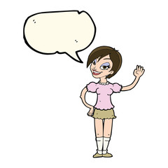 cartoon waving woman with speech bubble
