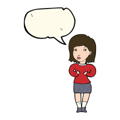 cartoon woman making excuses with speech bubble