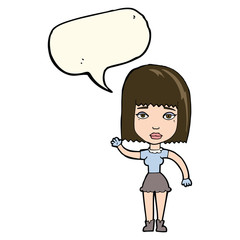 cartoon waving woman with speech bubble