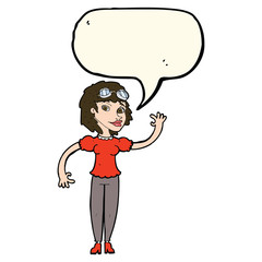 cartoon pilot woman waving with speech bubble