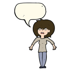cartoon woman shrugging shoulders with speech bubble