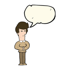 cartoon man narrowing his eyes with speech bubble