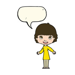 cartoon happy woman with speech bubble