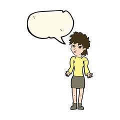 cartoon woman shrugging shoulders with speech bubble