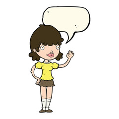 cartoon waving woman with speech bubble