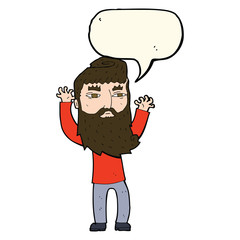cartoon bearded man waving arms with speech bubble