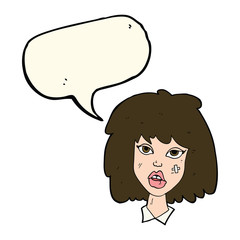 cartoon woman with bruised face with speech bubble