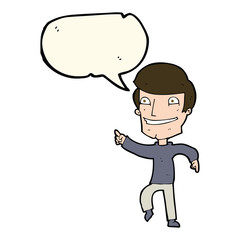 cartoon happy man pointing with speech bubble