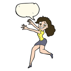 cartoon happy woman jumping with speech bubble