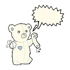 cartoon teddy polar bear with torn arm with speech bubble