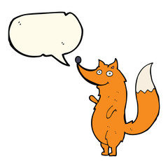 cartoon waving fox with speech bubble