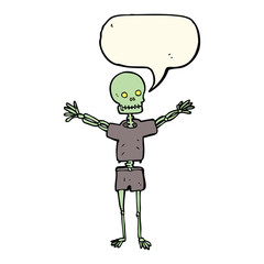 cartoon skeleton in clothes with speech bubble