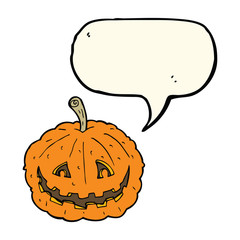 cartoon grinning pumpkin with speech bubble