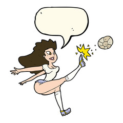 cartoon female soccer player kicking ball with speech bubble