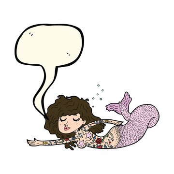 cartoon mermaid with tattoos with speech bubble