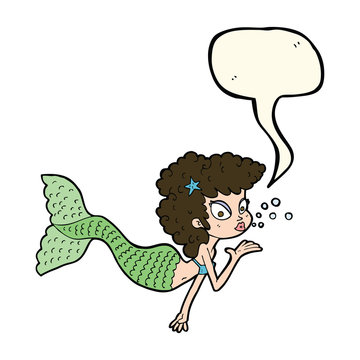 cartoon mermaid blowing kiss with speech bubble