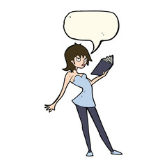 cartoon woman reading book with speech bubble